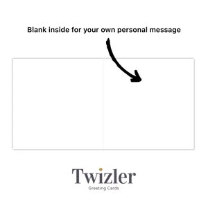 Może przedstawiać: Pusta kartka okolicznościowa z białym tłem i tekstem "Blank inside for your own personal message" u g&oacute;ry. Logo Twizler Greeting Cards znajduje się na dole kartki.