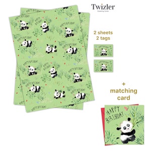 May include: A set of panda-themed wrapping paper, gift tags, and a greeting card. The wrapping paper features a repeating pattern of pandas in a green bamboo forest. The gift tags and greeting card feature a single panda in a bamboo forest with the text "Happy Birthday".