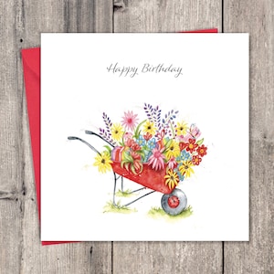Carrinho de mão de cartão de aniversário - Cartão de feliz aniversário para homem ou mulher - Cartão de aniversário para ele ou ela - Cartão de aniversário de jardineiro