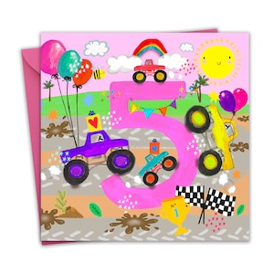 Carte de joyeux anniversaire pour 5 ans pour filles - Monster Trucks - 5 ans - Carte de cinquième anniversaire - Carte d'anniversaire pour enfants de 5 ans, 5 ans
