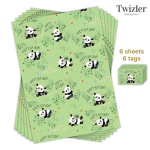 May include: A set of six green wrapping paper sheets with a panda bear pattern. The paper features a repeating pattern of panda bears holding bamboo stalks, with the words "Happy Birthday" printed on each sheet. The set also includes six matching gift tags.