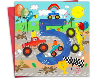 5th Birthday Card for Boys - Monster Trucks - Age 5 Happy Birthday Card - Fifth Birthday Card - 5 Year Old Childrens Birthday Card Age Five