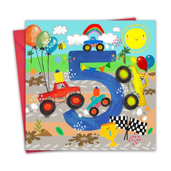 Set Di 12 Inviti Per 5° Compleanno Bambino Con Mostri E Camion: Include Buste, Sacchetti Regalo E Adesivi. Fatto In Germania, Formato A6 Con Finitura UV.