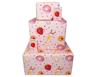Girls Wrapping Paper - Pink Food - 2, 4 or 6 Sheets & Tags - 70cm x 50cm Folded Sheets - Cute Children's Happy Birthday Gift Wrap Kids