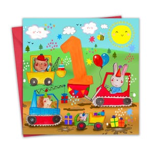 Carte de 1er anniversaire pour garçons - Diggers - Carte de joyeux anniversaire pour enfants de 1 an pour enfants