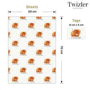 May include: A sheet of wrapping paper with a repeating pattern of Highland cows with the text "Let your hair down!" in white. The paper is 50 cm wide and 70 cm tall. The image also shows a tag with the same design, measuring 8 cm by 5 cm.
