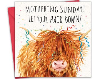 Funny Mothering Sunday Card - Scottish Highland Cow - Humour Happy Mother's Day Card for Mum Mummy - Scotland