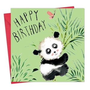 May include: A green birthday card with the text "Happy Birthday" in black lettering. A cute panda bear is climbing a bamboo stalk with a pink butterfly flying above.