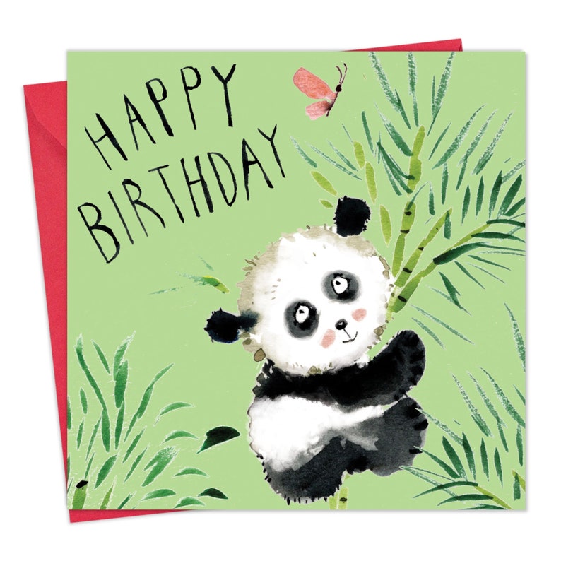 May include: A green birthday card with the text "Happy Birthday" in black lettering. A cute panda bear is climbing a bamboo stalk with a pink butterfly flying above.