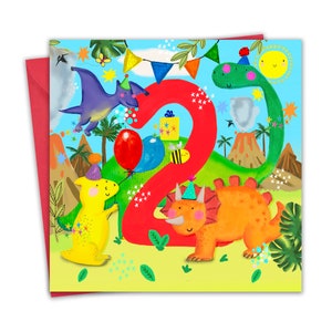 2e carte d'anniversaire pour garçons - dinosaures - carte de joyeux anniversaire 2 ans - deuxième carte d'anniversaire pour enfants - carte d'anniversaire pour enfants de 2 ans deux ans