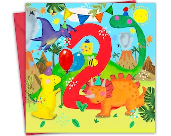 May include: A colorful birthday card featuring a red number two surrounded by dinosaurs, a pterodactyl, a bee, and balloons. The card has a green, yellow, and blue background with stars and a banner.