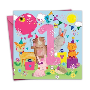 Cartão de primeiro aniversário para meninas - Animais da floresta - Cartão de primeiro aniversário - Cartão de feliz aniversário de 1 ano - Cartão de aniversário para crianças de 1 ano de idade