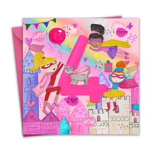 4th Birthday Card for Girls - Superhero - Age 4 Year Old Childrens Happy Birthday Card for Kids