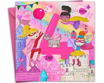 Tarjeta de cumpleaños número 4 para niñas - Superhéroe - Tarjeta de feliz cumpleaños para niños de 4 años