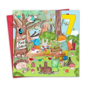 7e verjaardagskaart voor jongens en meisjes - Animal Forest School - 7-jarige gelukkige verjaardagskaart voor kinderen