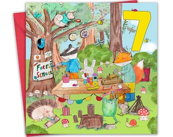 7th Birthday Card for Boys & Girls - Animal Forest School - Age 7 Year Old Childrens Happy Birthday Card for Kids