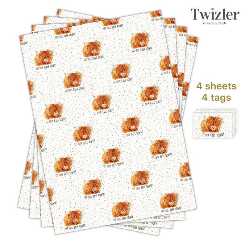 May include: Four sheets of wrapping paper with a repeating pattern of a Highland cow with the text "Let your hair down!" and blue confetti. The wrapping paper is white with blue confetti. There are also four gift tags with the same design.