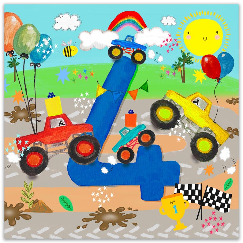 May include: A blue number four with a rainbow and a sun in the background. There are four monster trucks, two red, one blue, and one yellow, driving around the number. The trucks have gifts on the back and are driving on a dirt track with mud puddles.