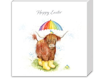 Lot de 12 cartes de Pâques amusantes - motif vache des Highlands - lot de 12 cartes de Pâques humour - lot de 12 cartes de Pâques - cartes Joyeuses Pâques
