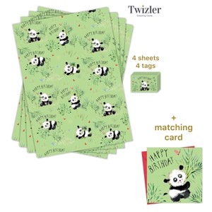 May include: A set of green wrapping paper with a panda bear pattern and the words "Happy Birthday". The set includes four sheets of wrapping paper, four gift tags, and a matching card.