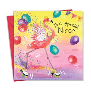 Carte joyeux anniversaire nièce - patins à roulettes flamant rose