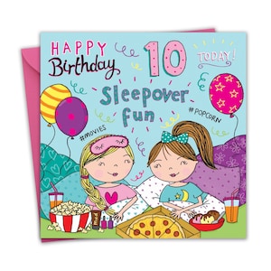 Cartão de 10º aniversário para meninas - festa do pijama - idade 10 Cartão de feliz aniversário para crianças - cartão de aniversário infantil de 10 anos idade dez