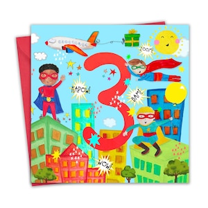 Carte de joyeux anniversaire pour garçon, super-héros, 3 ans, 3 ans