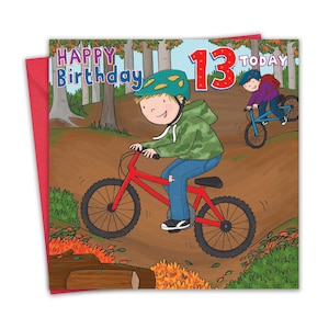 Cartão de aniversário de 13 anos para meninos - Mountain Bikes - Cartão de feliz aniversário de 13 anos para crianças - Cartão de aniversário infantil de 13 anos de idade treze adolescentes