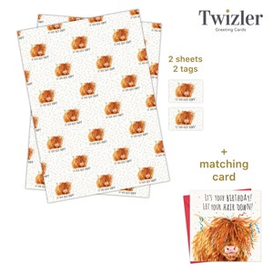 May include: A birthday wrapping paper set featuring a Highland cow with the text "Let your hair down!"  The set includes two sheets of wrapping paper, two gift tags, and a matching birthday card.