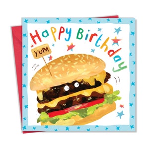 Cartão de aniversário para meninos com design de hambúrguer gostoso - Cartão de aniversário para menino - Cartão de aniversário para menino - Cartão de aniversário infantil