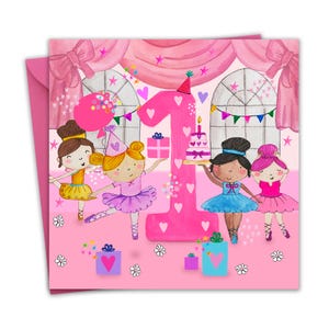 Cartão de 1º aniversário para meninas - Bailarinas de balé - Cartão de feliz aniversário infantil de 1 ano para crianças