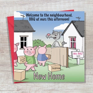 Nieuwe Home Card Funny Three Little Pigs & Wolf - Grappige Nieuwe Huiskaart