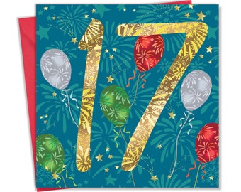 Puede incluir: Una tarjeta azul con el número 17 en dorado rodeado de fuegos artificiales y globos de colores. El número 17 está decorado con un patrón dorado y blanco.