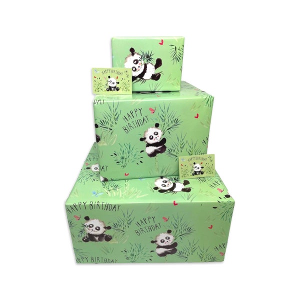 Happy Birthday Wrapping Paper - Pandas - 2, 4 or 6 Sheets & Tags - 70cm x 50cm Folded Sheets - Cute Children's Gift Wrap for Girls or Boys