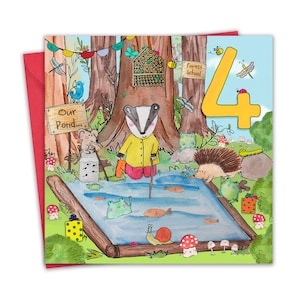 Carte de 4e anniversaire pour garçons et filles - École d'animaux de la forêt - Carte de joyeux anniversaire pour enfants de 4 ans