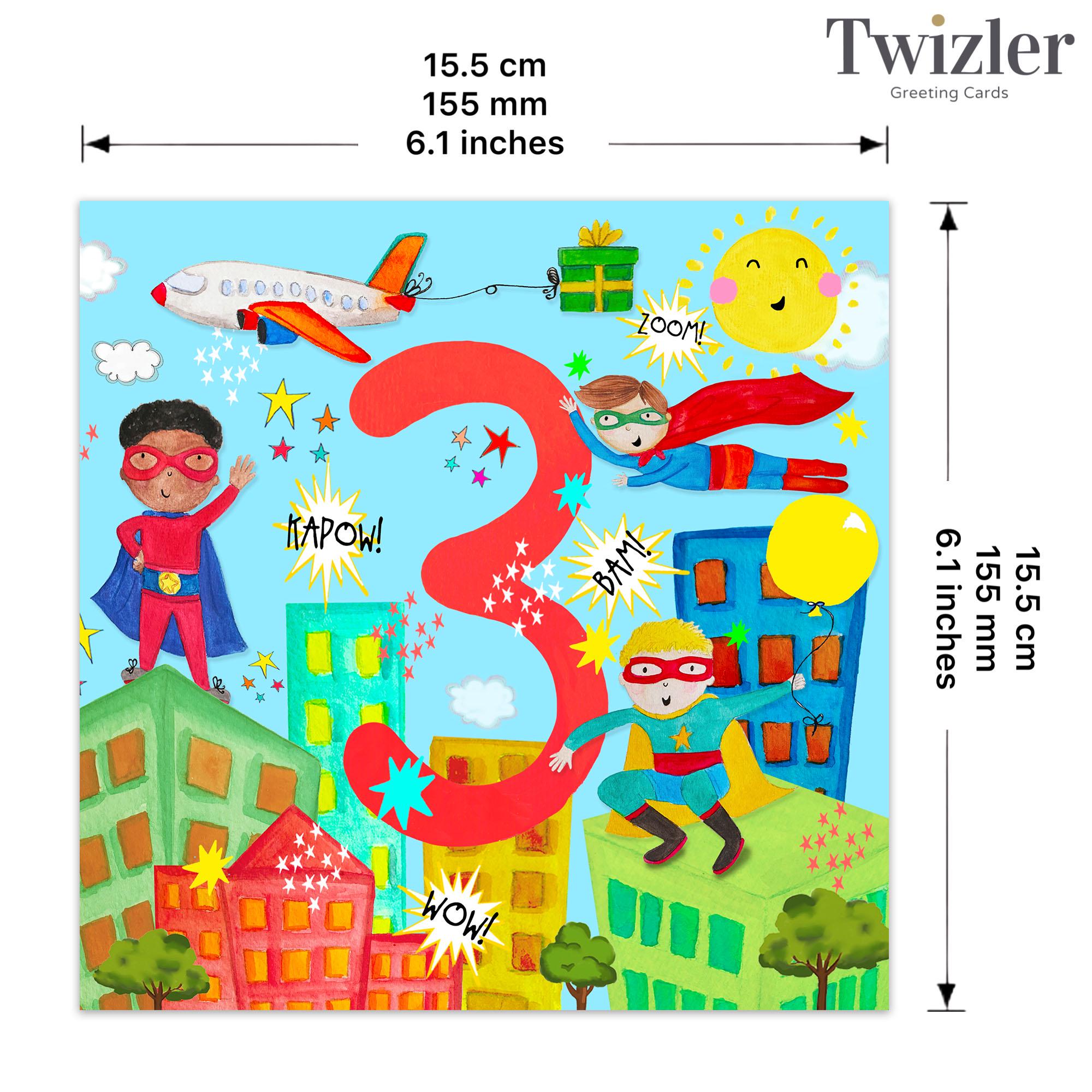 Twizler Geburtstagskarte Für Jungen Zum 3. Geburtstag – Superhelden-Motiv, 15,5x15,5 Cm Mit Rotem Umschlag