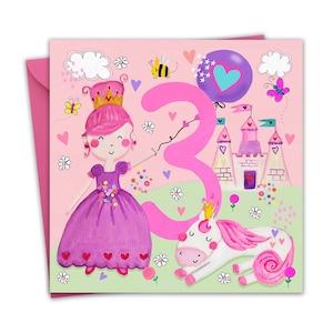 Carte de joyeux anniversaire pour le 3e anniversaire d'une fille - Princesse - 3 ans - Carte de troisième anniversaire pour enfant - Carte d'anniversaire pour enfant de 3 ans, 3 ans
