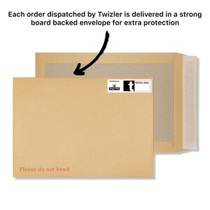 May include: A brown cardboard envelope with the text "Please do not bend" in red. The envelope has a clear window and a Royal Mail label. The text "Each order dispatched by Twizler is delivered in a strong board backed envelope for extra protection" is at the top.