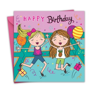 Geburtstagskarte für Mädchen - Trampolin - Alles Gute zum Geburtstag für Kinder Karte Tochter Enkelin - Kinder Geburtstagskarte Schwester Nichte - Mädchen Karte