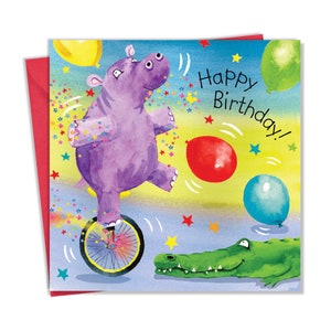 Cartão de aniversário infantil para menino ou menina Hipopótamo - Cartão de feliz aniversário infantil - Animais de aniversário infantil