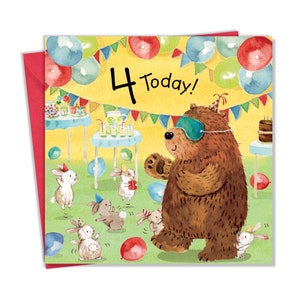 Carte de 4e anniversaire pour garçon ou fille ours - Carte de quatrième anniversaire pour enfants - Joyeux anniversaire pour enfants de 4 ans - Quatre ans