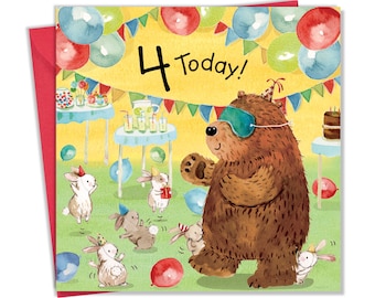Geburtstagskarte zum 4. Geburtstag für Jungen oder Mädchen mit Bärenmotiv – Kindergeburtstagskarte zum 4. Geburtstag – Alles Gute zum 4. Geburtstag!