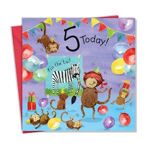 Carte de 5e anniversaire pour garçon ou fille Singe – Carte de cinquième anniversaire pour enfants – Enfants de 5 ans Joyeux anniversaire – Cinq ans