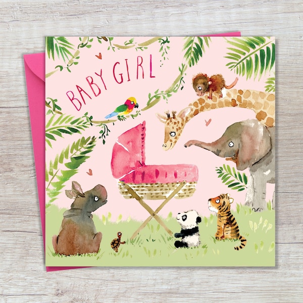 Nieuwe babymeisjeskaart Jungle Animals - Gefeliciteerd nieuwe babykaart