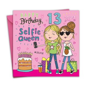 "Geburtstagskarte ""13 Jahre"" für Mädchen - Selfie - 13 Jahre alles Gute zum Geburtstag für Kinder - 13 Jahre alte Kindergeburtstagskarte Alter dreizehn Teenager."