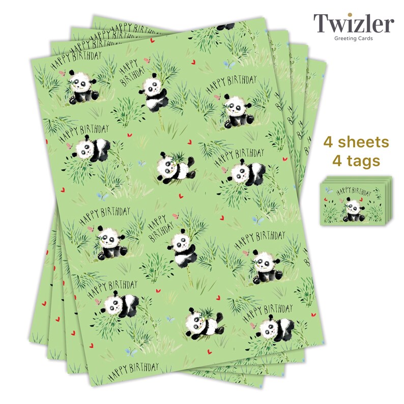 May include: A stack of four green wrapping paper sheets with a panda bear pattern. The paper features a repeating pattern of panda bears holding bamboo stalks, butterflies, and hearts. The text "Happy Birthday" is repeated throughout the pattern. The image also shows four matching gift tags.