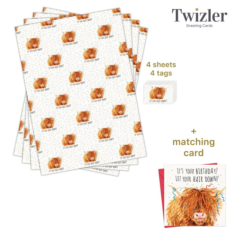 May include: A set of wrapping paper featuring a Highland cow with the text "Let your hair down!"  The set includes four sheets of wrapping paper and four gift tags. A matching birthday card is also included.