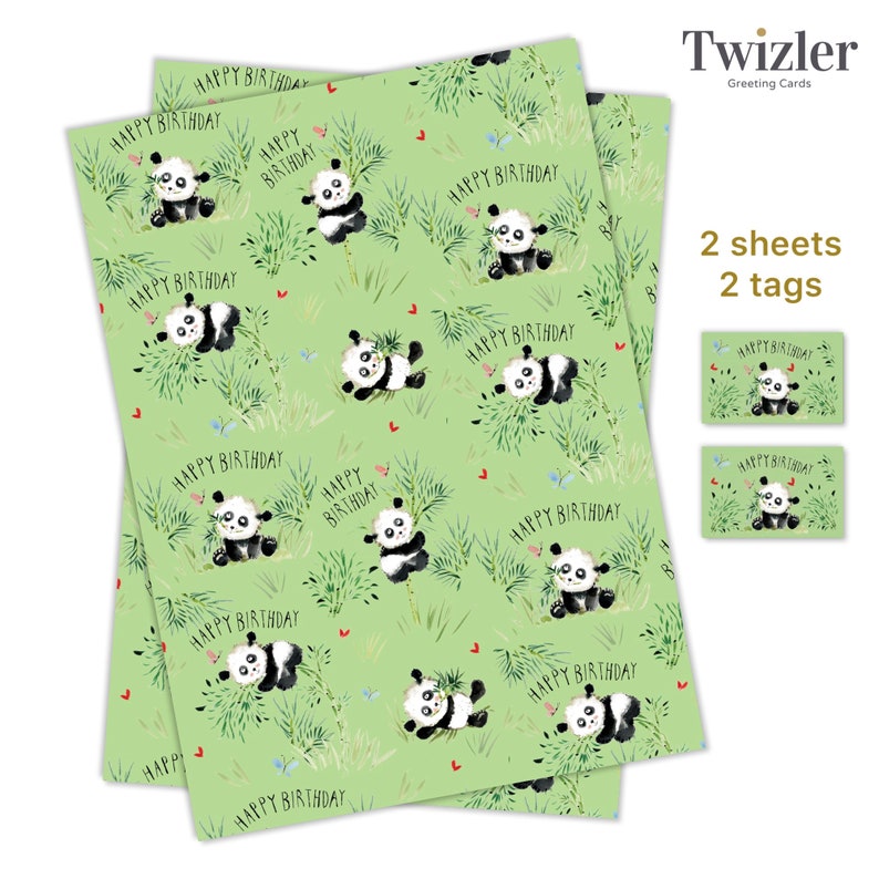 May include: Two sheets of green wrapping paper with a panda bear pattern. The paper has a white background with green leaves and red hearts. The text "Happy Birthday" is repeated throughout the paper. Two gift tags are included with the same panda bear design.