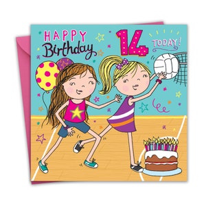 Cartão de aniversário de 14 anos para meninas - Netball - Cartão de feliz aniversário de 14 anos para crianças - Cartão de aniversário infantil de 14 anos, idade nove, adolescente