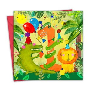 Carte de 1er anniversaire pour garçons - animaux de la jungle - carte de premier anniversaire - carte de joyeux anniversaire 1 an - carte d'anniversaire pour enfants de 1 an
